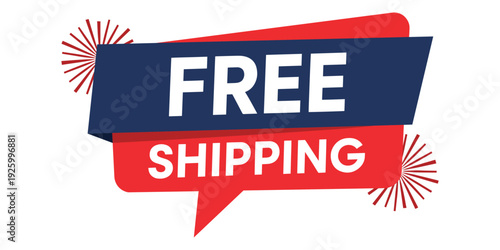 Free shipping sign with red and blue speech bubbles on white background