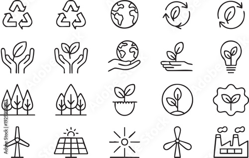 Eco Sustainability and Renewable Energy Line Icon Set for Green Branding