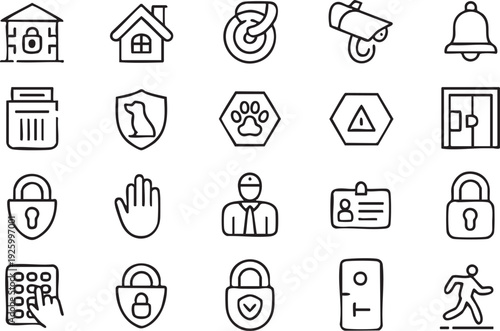 Smart Home Security and Access Control Line Icon Set for Surveillance Systems