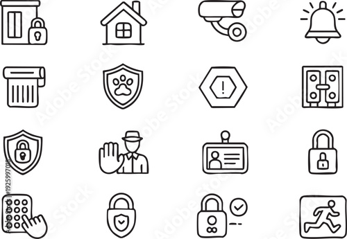 Home Protection and Safety System Line Art Icons for Technology Platforms