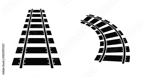 Black railway tracks form a straight line and curved path silhouette