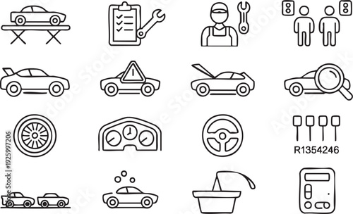 Professional Car Repair and Auto Service Line Icon Set for Garage Management