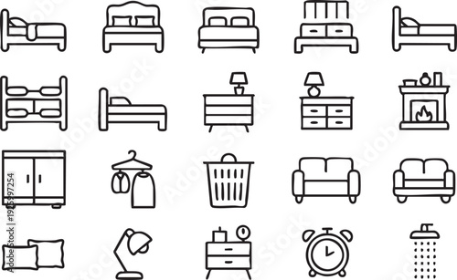Modern Bedroom and Living Room Furniture Line Icon Set for Interior Design