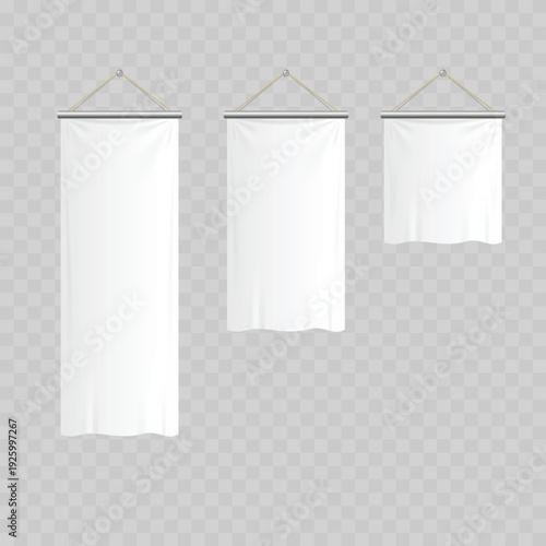 Realistic White Textile Banner Mockup Set. Vector Hanging Wall Flag, Scroll or Pennant Templates.