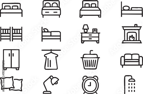 Home Interior and Furniture Outline Icons Featuring Bed, Sofa and Wardrobe