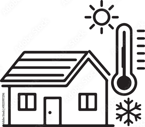 Smart house temperature control icon with thermometer, sun, and snowflake symbols for heating and cooling system, residential HVAC climate management technology, home automation line art vector design