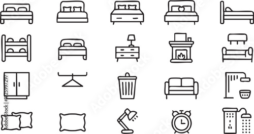 Cozy Bedroom and Living Room Furniture Icon Pack in Clean Outline Style