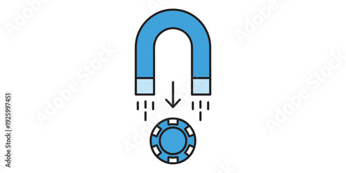 Blue horseshoe magnet attracting a poker chip on white background