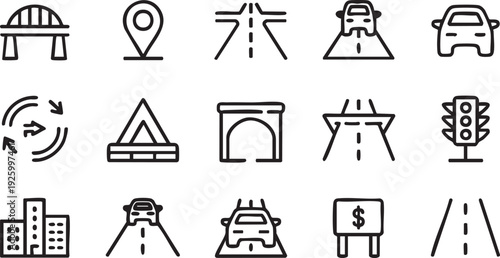 GPS Navigation and Urban Infrastructure Outline Icons for UI Design