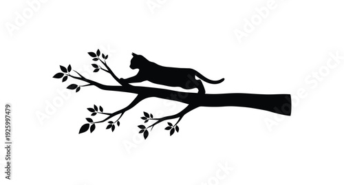 A black cat rests on a branch with leaves a striking silhouette