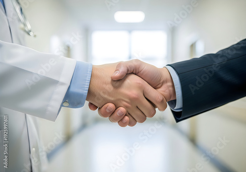 A handshake between a doctor and a businessman in a hospital