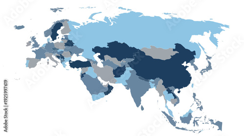 Europe and Asia Political Map with Graded Tones for Data Representation and Geographical Analysis