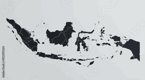 3D Black Map of Indonesia with Provinces Outlined on White Background