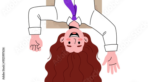 Creative Perspective: Cartoon Woman Hanging Upside Down, Symbolizing Innovation and Unconventional Thinking