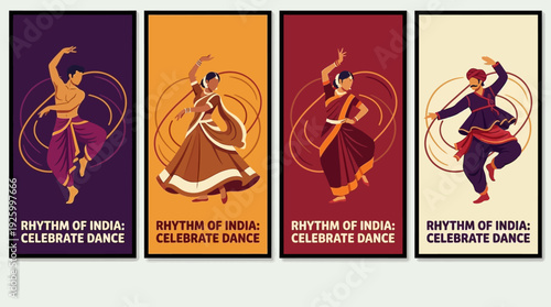 Vibrant Indian Dance Celebration: Diverse Traditional Folk Art Illustrations of Dancers, Capturing Rhythmic Movement & Cultural Heritage