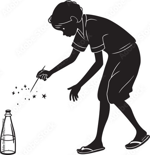 Girl Playing with Sparkler and Bottle