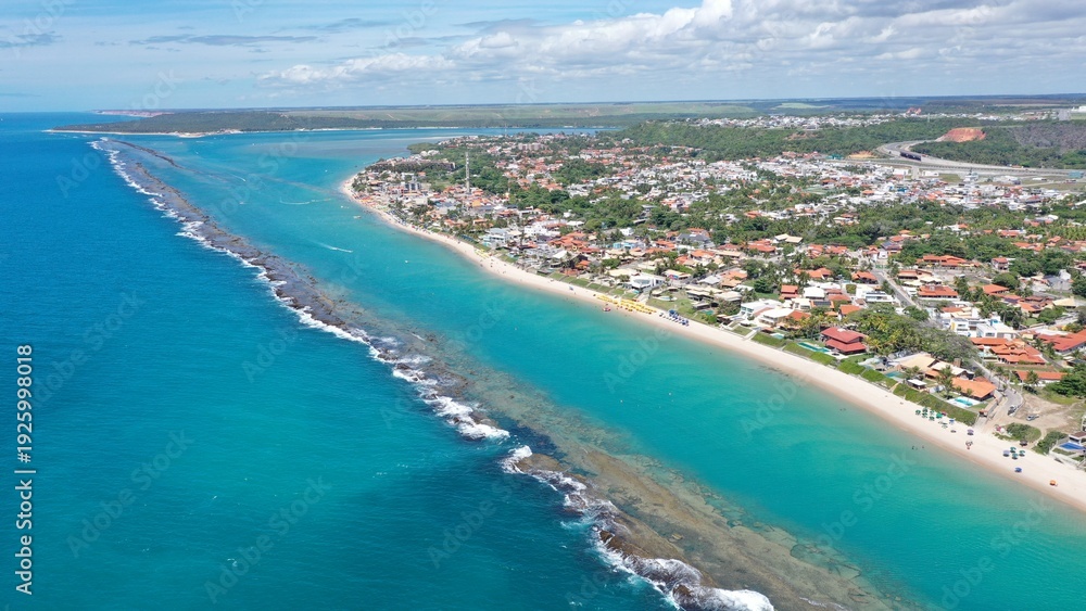 Fototapeta premium Fantastic aerial view of Barra de Sao Miguel beach on a sunny summer day in February 2026 near Maceio City. Alagoas State, Brazil 
