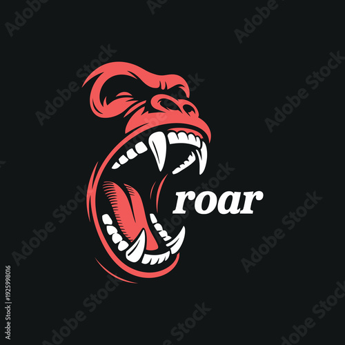 Roar, angry gorilla head, ape screaming, open mouth with fangs, wild animal, vintage illustration