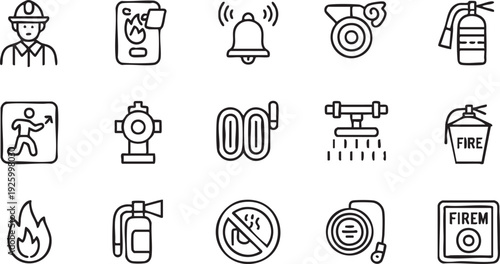 Emergency Equipment and Fire Prevention Outline Icons Collection