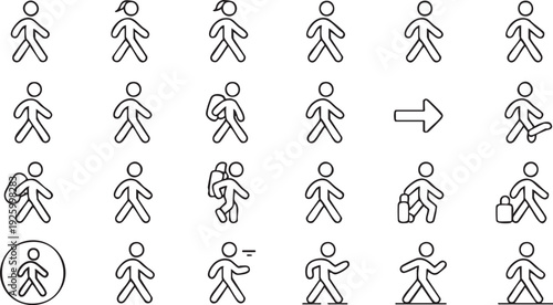Walking People and Pedestrian Movement Line Icon Set for Navigation Apps