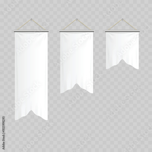Realistic White Textile Banner Mockup Set. Vector Hanging Wall Flag, Scroll or Pennant Templates.