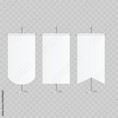Realistic White Textile Banner Mockup Set. Vector Hanging Wall Flag, Scroll or Pennant Templates.