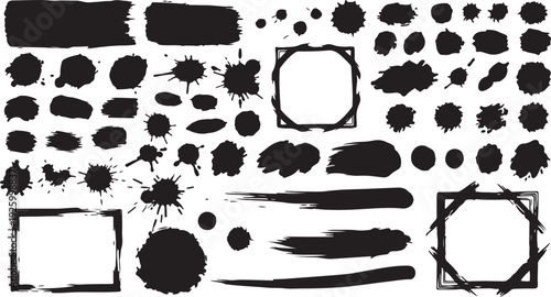Abstract grunge paint brush stroke set. Graphic element design with ink splatter or splash, circle, line and frame. Creative vector shape or background art illustration