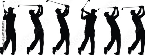 Golf player silhouettes collection, golfer swing sequence with club isolated on white background, sports action set