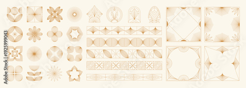 A collection of geometric Art Deco ornament vectors. Luxury golden decorative elements featuring various lines, frames, headers, dividers, and borders. A set of gold-foil line designs. Elegant and sui