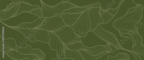 Abstract flowing line vector background with olive green leave background with subtle flowing lines. Luxury elegant design for poster, invitation, card, branding, wallpaper.