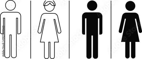 Male and female restroom icons set, black and outline toilet symbols isolated on white background signage collection