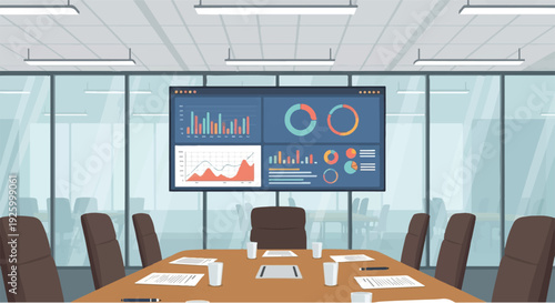 Modern corporate conference room illustration featuring a large screen displaying various business data analysis charts and graphs, set for an executive meeting or strategic presentation