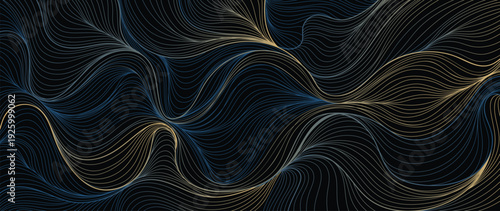 Abstract flowing line vector background with navy background with golden flowing lines. Luxury elegant design for poster, invitation, card, branding, wallpaper.