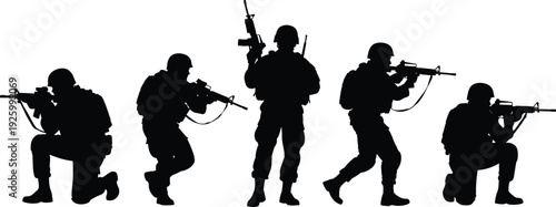 Military soldier silhouettes collection, armed army troops with rifles in tactical combat poses isolated on white background
