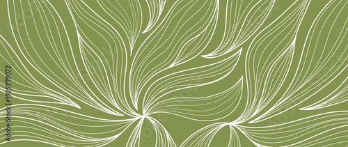 Abstract flowing line vector background with green leaves background with light flowing lines. Luxury elegant design for poster, invitation, card, branding, wallpaper.