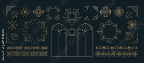 A collection of geometric Art Deco ornament vectors. Luxury golden decorative elements featuring various lines, frames, headers, dividers, and borders. A set of gold-foil line designs. Elegant and sui