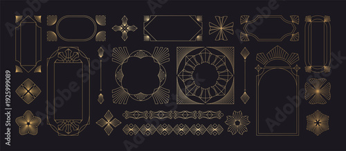 A collection of geometric Art Deco ornament vectors. Luxury golden decorative elements featuring various lines, frames, headers, dividers, and borders. A set of gold-foil line designs. Elegant and sui