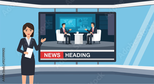 Professional female anchor presenting a live news program in a modern television studio, featuring a panel discussion on a large screen backdrop