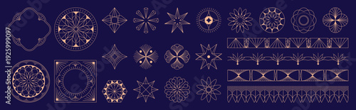 A collection of geometric Art Deco ornament vectors. Luxury golden decorative elements featuring various lines, frames, headers, dividers, and borders. A set of gold-foil line designs. Elegant and sui