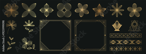 A collection of geometric Art Deco ornament vectors. Luxury golden decorative elements featuring various lines, frames, headers, dividers, and borders. A set of gold-foil line designs. Elegant and sui