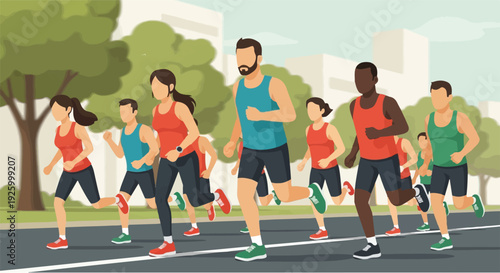 A diverse group of cheerful athletes energetically participates in an urban road race, highlighting a healthy and active lifestyle within a vibrant community setting