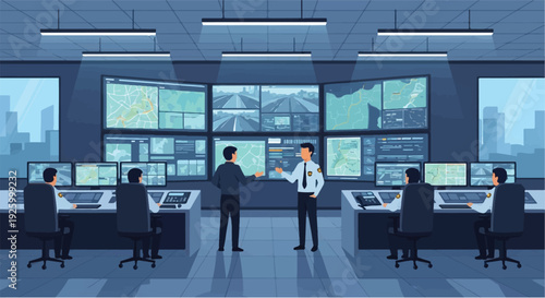 Control Room Surveillance System with Multiple Monitors Displaying Security Feeds and Technicians Monitoring Operations