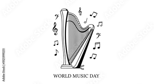 World Music Day harp icon with musical notes