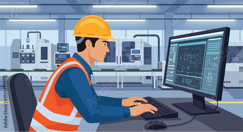 Dedicated industrial engineer developing intricate manufacturing designs using advanced computer-aided software in a contemporary factory setting