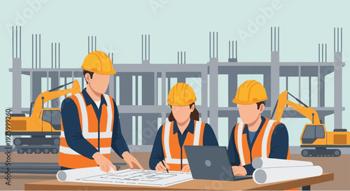 Construction workers collaborating on blueprints at a building site with excavators in the background