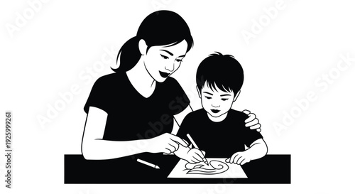 Black and white vector graphic illustration of a caring mother guiding her young son as he concentrates on drawing a design on paper, fostering creativity and learning.