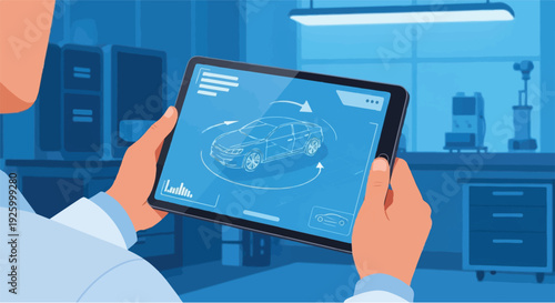 Engineer reviewing a digital blueprint of a car on a tablet in a modern laboratory setting