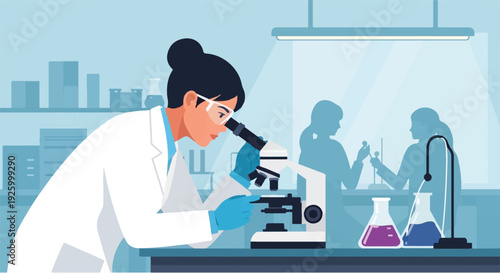 Scientist working in laboratory with microscope and equipment, conducting research and experiments