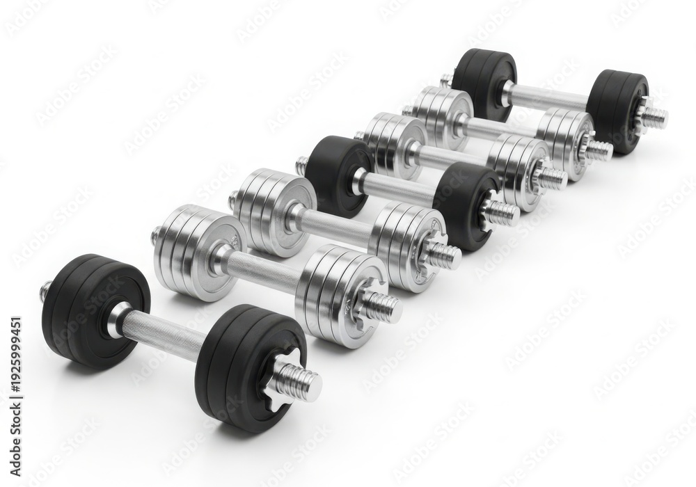 Obraz premium A row of adjustable dumbbells with black and silver components