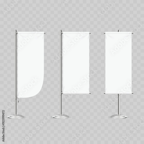 Realistic White Vertical Banner Mockup Set. Vector Trade Show Stand and Advertising Flag Templates on Metal Poles.